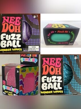 Lot of 4 NeeDohs- teal fuzz ball purple fuzz ball, 1 pink gumdrop,teal cool cat